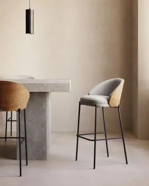 Eamy stool light grey chenilla and ash wood veneer with a natural finish and black metal, 75 cm by Kave Home, a Bar Stools for sale on Style Sourcebook