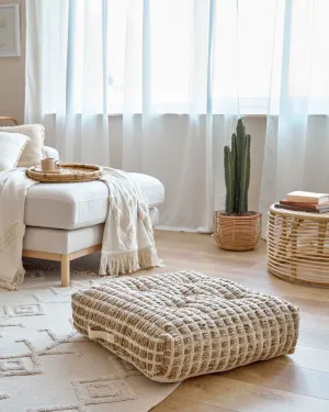 Jute and white natural cotton floor-pallet cushion Adelma 63 x 63 cm by Kave Home, a Cushions, Decorative Pillows for sale on Style Sourcebook