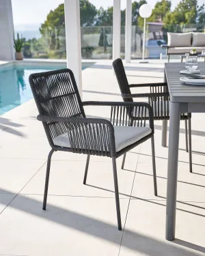 Samanta stackable chair made from black cord and galvanised steel legs. by Kave Home, a Outdoor Chairs for sale on Style Sourcebook