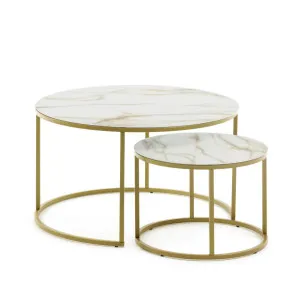 Set of 2 Leonor glass side tables in white and golden steel structure Ø 80 cm / Ø 50 cm by Kave Home, a Coffee Table for sale on Style Sourcebook