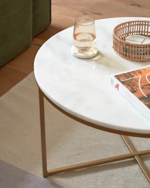 Sheffield coffee table in white marble and golden steel legs Ø 80 cm by Kave Home, a Coffee Table for sale on Style Sourcebook