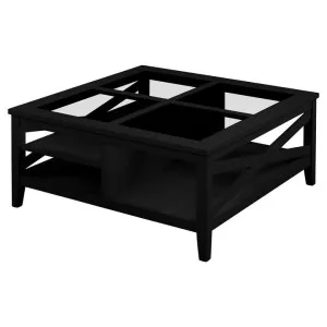 Winford Rubber Wood Timber Square Coffee Table with Glass Top, 100cm, Black by Woodland Furniture, a Coffee Table for sale on Style Sourcebook