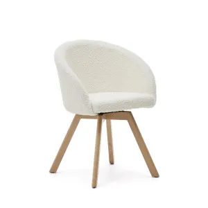 Marvin swivel chair in white bouclé with solid beech wood legs in a natural finish by Kave Home, a Dining Chairs for sale on Style Sourcebook