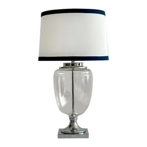 Charlotte Glass And Nickel Lamp With White Linen Shade (Navy Trim) by Florabelle Living, a Table & Bedside Lamps for sale on Style Sourcebook