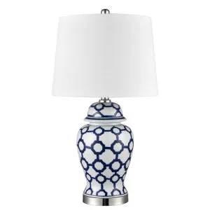 Lucca Small Blue & White Jar Shaped Lamp W/ Shade by Florabelle Living, a Table & Bedside Lamps for sale on Style Sourcebook