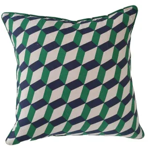 LAST ONE - Geometric Charm Linen Cushion 55cm Square - Deep Blue & Green by Macey & Moore, a Cushions, Decorative Pillows for sale on Style Sourcebook