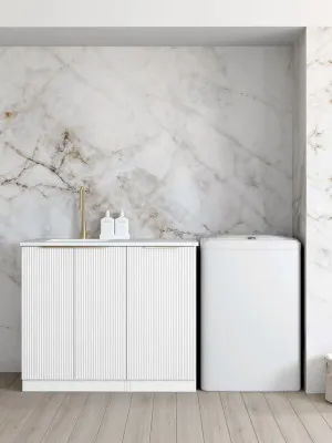 Otti Bondi Matte White Fluted 1060mm Base Laundry Cabinet with Stone Top & Sink by Otti, a Cabinetry for sale on Style Sourcebook