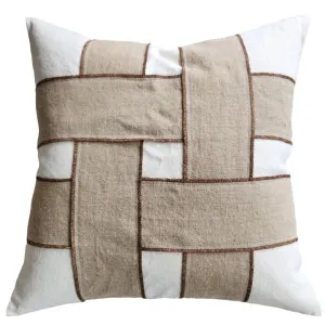 Dénpasar Intertwined Linen Cushion 55cm Square - White | Natural | Rust Stitch by Macey & Moore, a Cushions, Decorative Pillows for sale on Style Sourcebook