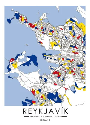 Progressive Nordic Living Map inspired by Art of Piet Mondrian Fine Print - Reykjavík by Macey & Moore, a Ottomans for sale on Style Sourcebook