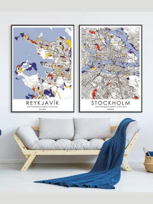 Progressive Nordic Living Map inspired by Art of Piet Mondrian Fine Print - Stockholm by Macey & Moore, a Ottomans for sale on Style Sourcebook