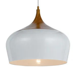 Polk White Shade With Oak Pendant Light (E27) Medium by Telbix, a Pendant Lighting for sale on Style Sourcebook