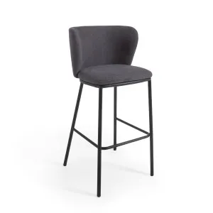 Ciselia stool in dark grey chenille and black steel, 75 cm FSC Mix Credit by Kave Home, a Bar Stools for sale on Style Sourcebook