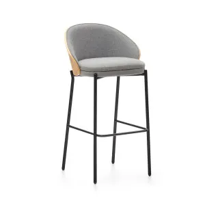 Eamy stool light grey chenilla and ash wood veneer with a natural finish and black metal, 75 cm by Kave Home, a Bar Stools for sale on Style Sourcebook