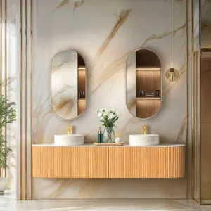 Orio Montebello Light Walnut Fluted 1800mm Curve Double Bowl Wall Hung Vanity by Orio, a Vanities for sale on Style Sourcebook