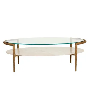 Ophelia Pointe Oval Coffee Table - Silk Grey - Antique Brass by GlobeWest, a Coffee Table for sale on Style Sourcebook