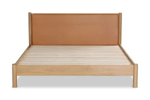 Ollie Upholstered Queen Bed Frame, Tan/Oak, by Lounge Lovers by Lounge Lovers, a Beds & Bed Frames for sale on Style Sourcebook