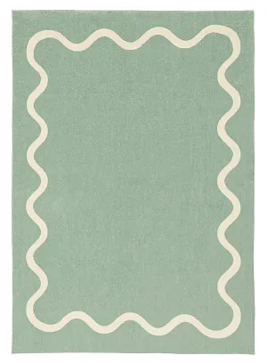 Kairo Green and Cream Wiggle Bordered Washable Rug by Miss Amara, a Contemporary Rugs for sale on Style Sourcebook