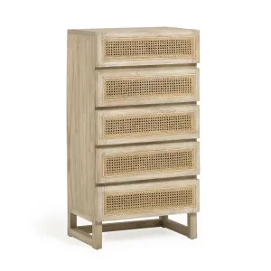 Rexit solid mindi wood and veneer chest of 5 drawers with rattan 60 x 113 cm by Kave Home, a Dressers & Chests of Drawers for sale on Style Sourcebook