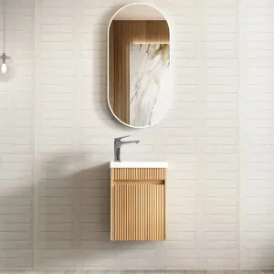 Otti Ensuite Woodland Oak Fluted 400mm Space Saving Single Bowl Wall Hung Vanity with Ceramic Top by Otti, a Vanities for sale on Style Sourcebook