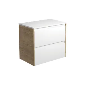 Amato Satin White 750 Wall-Hung Cabinet, Scandi Oak Panels by Fienza, a Vanities for sale on Style Sourcebook