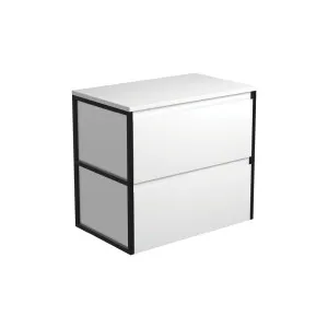 Amato Satin White 750 Wall-Hung Cabinet, Matte Black Frames by Fienza, a Vanities for sale on Style Sourcebook