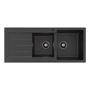 Kuro Granite 32L/22L Double Kitchen Sink with Drainer, Right Bowl, 1 Tap Hole by Fienza, a Kitchen Sinks for sale on Style Sourcebook
