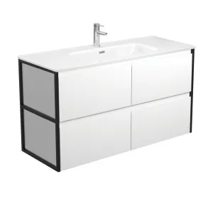 Joli Amato 1200 Satin White Wall-Hung Vanity, Matte Black Frames by Fienza, a Vanities for sale on Style Sourcebook