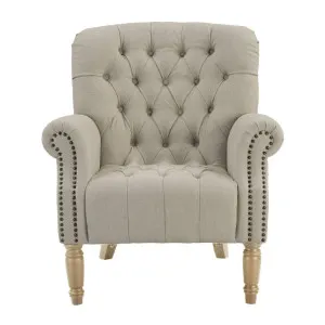 Maurice Natural Linen Blend Buttoned Armchair W/ Studs Oak Legs by Florabelle Living, a Chairs for sale on Style Sourcebook