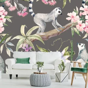 Lemurs And Hibiscus Dark Wallpaper by Florabelle Living, a Artwork & Wall Decor for sale on Style Sourcebook