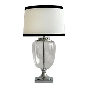 Charlotte Glass and Nickel Lamp with White Linen Shade (Black Trim) by Florabelle Living, a Table & Bedside Lamps for sale on Style Sourcebook