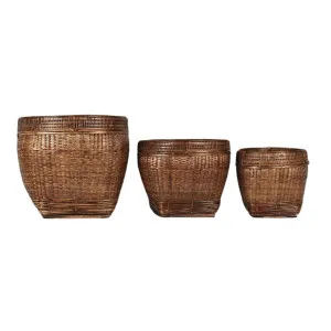 Paume Rattan Planter Set 3 Antique Brown by OneWorld Collection, a Plant Holders for sale on Style Sourcebook