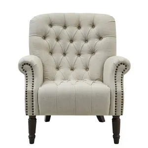 Maurice Natural Linen Blend Hamptons Buttoned Armchair W/Studs Dark Legs by OneWorld Collection, a Chairs for sale on Style Sourcebook