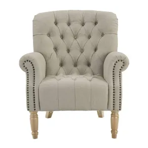 Maurice Natural Linen Blend Buttoned Armchair W/ Studs Oak Legs by OneWorld Collection, a Chairs for sale on Style Sourcebook
