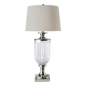 Bellevue Glass Nickel Lamp With Natural Linen Shade by OneWorld Collection, a Table & Bedside Lamps for sale on Style Sourcebook