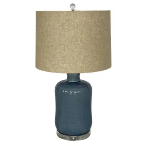 Charlie Blue Ceramic Lamp with Natural Linen Shade - Lamp Base & Shade by OneWorld Collection, a Table & Bedside Lamps for sale on Style Sourcebook