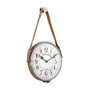 26Cm Nickel Hang Clock W/Leather Strap by OneWorld Collection, a Clocks for sale on Style Sourcebook