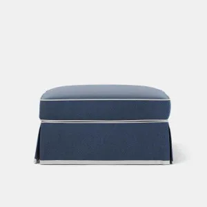 Noosa Hamptons Ottoman Navy W/White Piping by Florabelle Living, a Stools for sale on Style Sourcebook
