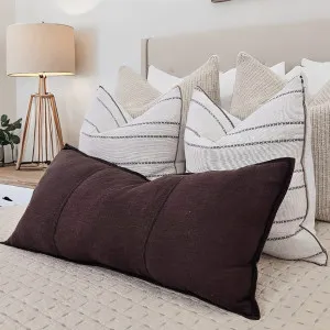 Eveleigh Stonewashed Linen Cotton Cushion 40x90cm Long Lumbar - Chocolate Brown | Embroidery Double Striped by null, a Cushions, Decorative Pillows for sale on Style Sourcebook