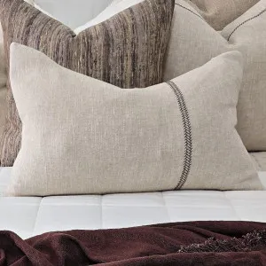 Delilah Herringbone Embroidery Linen Cotton Cushion 40x60cm Lumbar - Natural | Brown Embroidery by null, a Cushions, Decorative Pillows for sale on Style Sourcebook