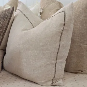 Delilah Herringbone Embroidery Linen Cotton Cushion 55cm Square - Natural | Brown Embroidery by null, a Cushions, Decorative Pillows for sale on Style Sourcebook