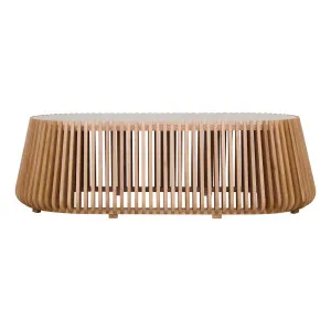 Pila Oval Coffee Table 140cm in American Oak / Italian Travertine by OZ Design, a Coffee Table for sale on Style Sourcebook
