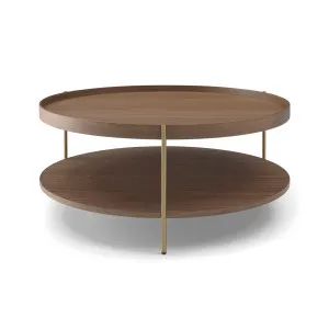 Cleo 90cm Round Coffee Table Walnut & Gold Legs With Storage Shelf by null, a Coffee Table for sale on Style Sourcebook