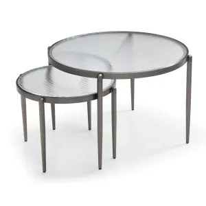 Gatsby Set of 2 Coffee & Side Tables Fluted Glass & Brushed Gunmetal Grey Bundle by null, a Coffee Table for sale on Style Sourcebook