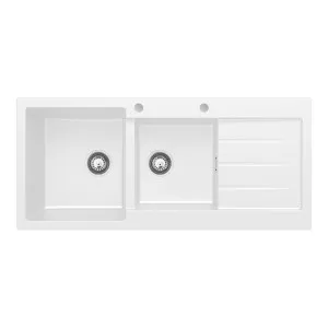 Kuro Granite 32L/22L Double Kitchen Sink with Drainer, Left Bowl, 2 Tap Holes, Matte White by Fienza, a Kitchen Sinks for sale on Style Sourcebook