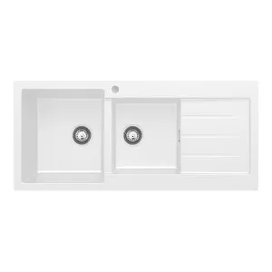 Kuro Granite 32L/22L Double Kitchen Sink with Drainer, Left Bowl, 1 Tap Hole, Matte White by Fienza, a Kitchen Sinks for sale on Style Sourcebook