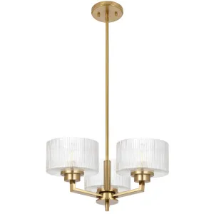 Telbix Moreno II 3 Light Modern Drum Pendant with Ribbed Glass Shade Antique Gold by Telbix, a Pendant Lighting for sale on Style Sourcebook