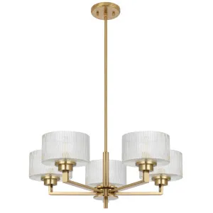 Telbix Moreno II 5 Light Modern Drum Pendant with Ribbed Glass Shade Antique Gold by Telbix, a Pendant Lighting for sale on Style Sourcebook