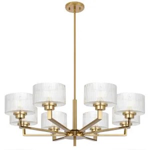 Telbix Moreno II 8 Light Modern Drum Pendant with Ribbed Glass Shade Antique Gold by Telbix, a Pendant Lighting for sale on Style Sourcebook