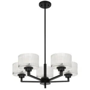 Telbix Moreno II 5 Light Modern Drum Pendant with Ribbed Glass Shade Black by Telbix, a Pendant Lighting for sale on Style Sourcebook