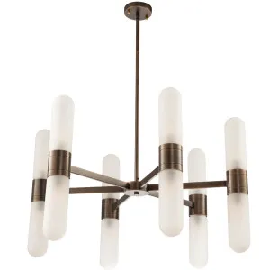 Hepburn 12 Light Tubular Glass Pendant with Sculptural Mid­ Century Elegance Antique Brass by Lighting Inspirations, a Chandeliers for sale on Style Sourcebook
